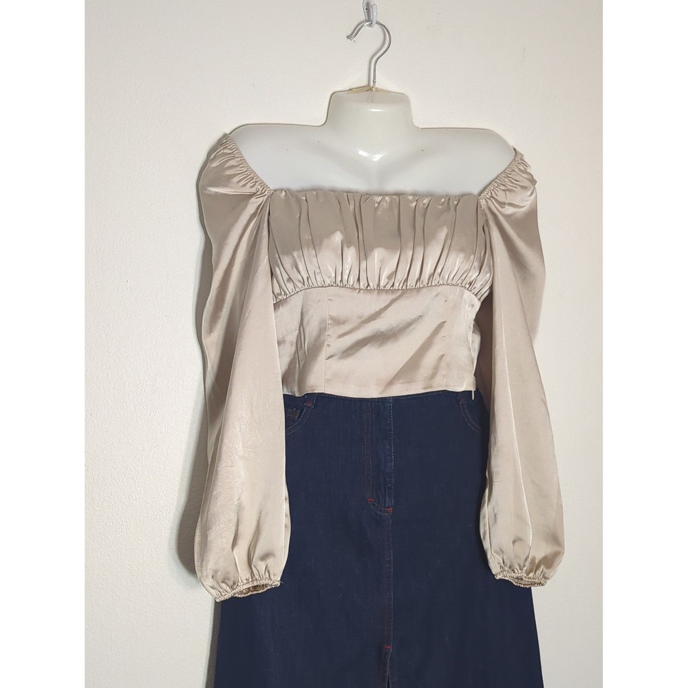 Women Champagne Satin Off Shoulder Crop Top Cottagecore Milkmaid Coquette Medium